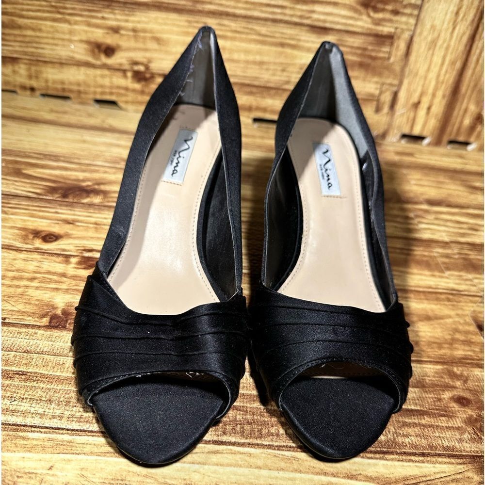 Nina New York Shoes Womens 10 M Kitten Heels Pump Slip On Black Leather Open Toe